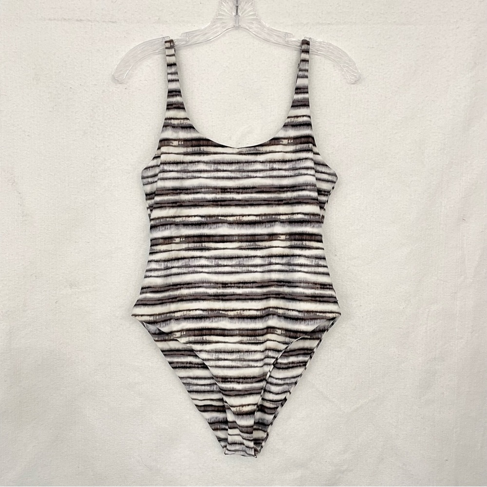 Heat one piece striped fully lined adjustable strap high cut leg swim suit Large